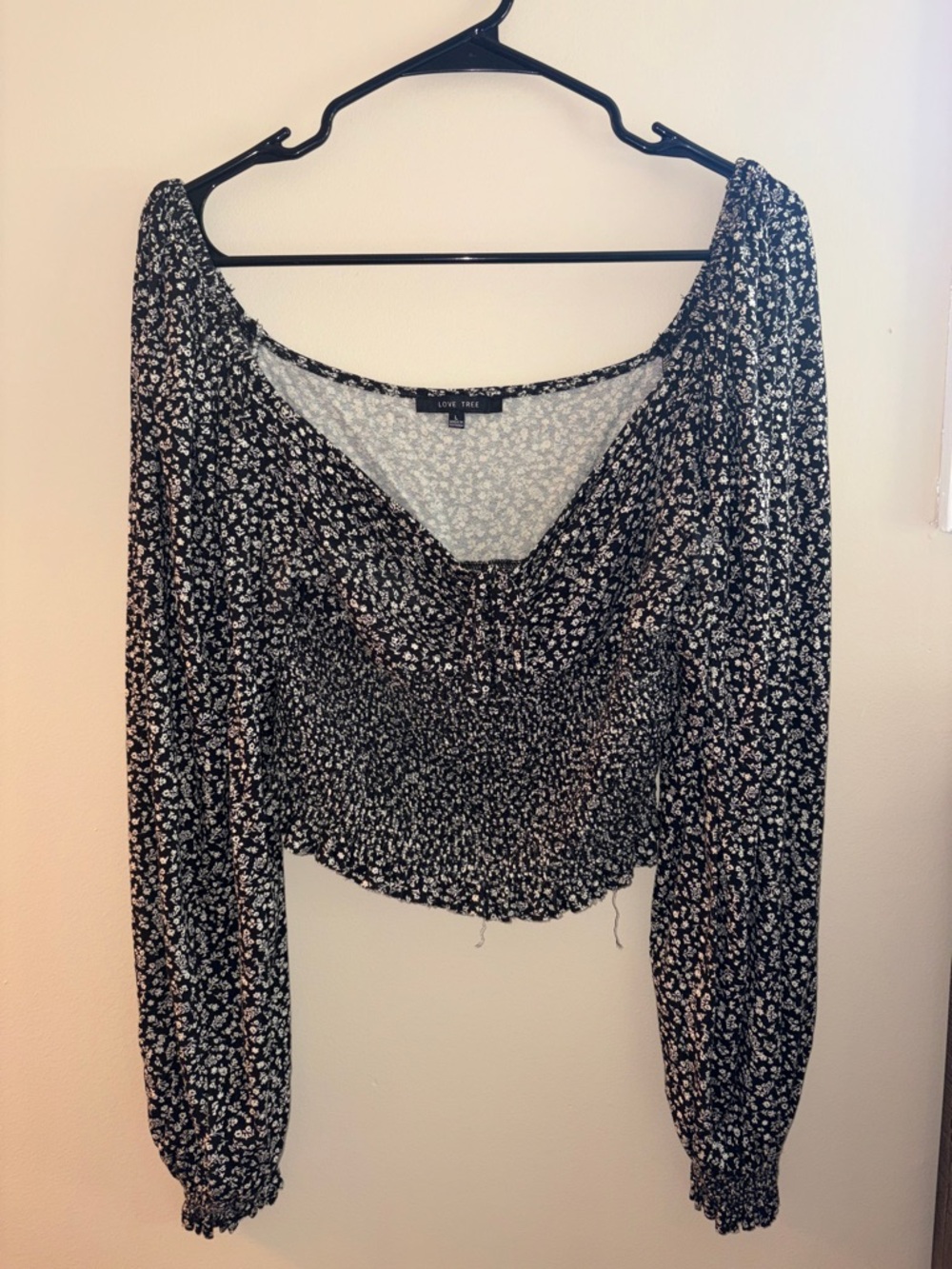 Love Tree Black Floral Smocked Long-Sleeve Crop Top